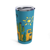 Cute Arizona adobe and cactus tumbler with my original art - blue