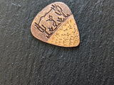 copper guitar pick with Kokopelli and saguaro Cactus